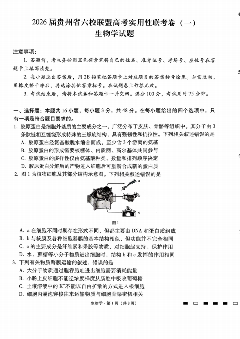 2026届贵州省六校联盟高三高考实用性联考卷（一）生物