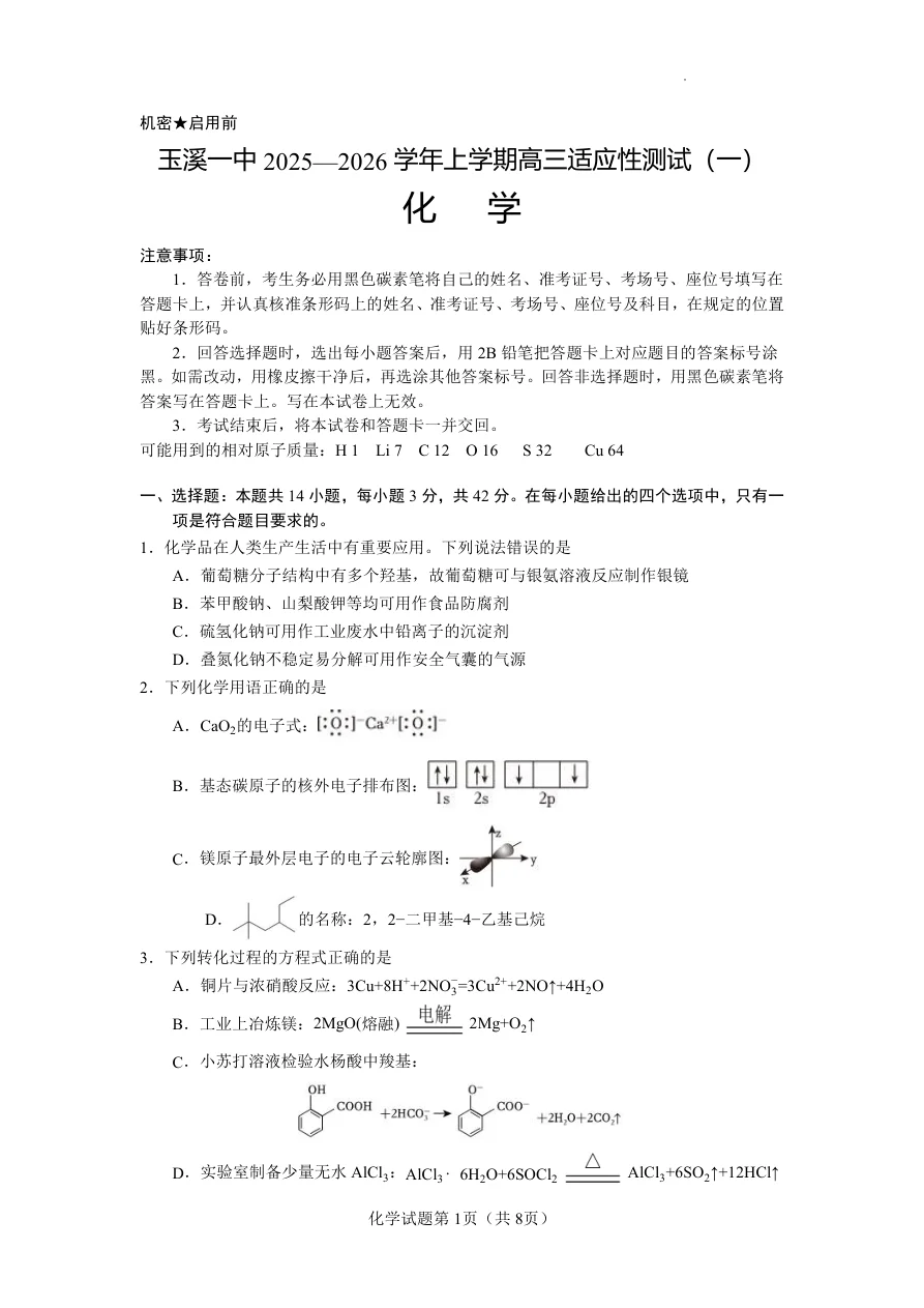 云南省玉溪第一中学2025-2026学年高三上学期适应性测试（一）化学试卷（共8页）