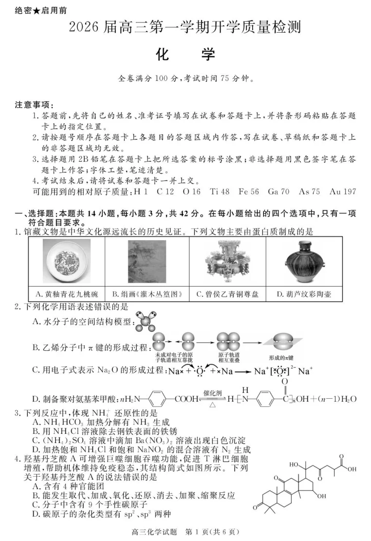安徽省华师联盟2026届高三9月开学联考化学试卷（共6页）