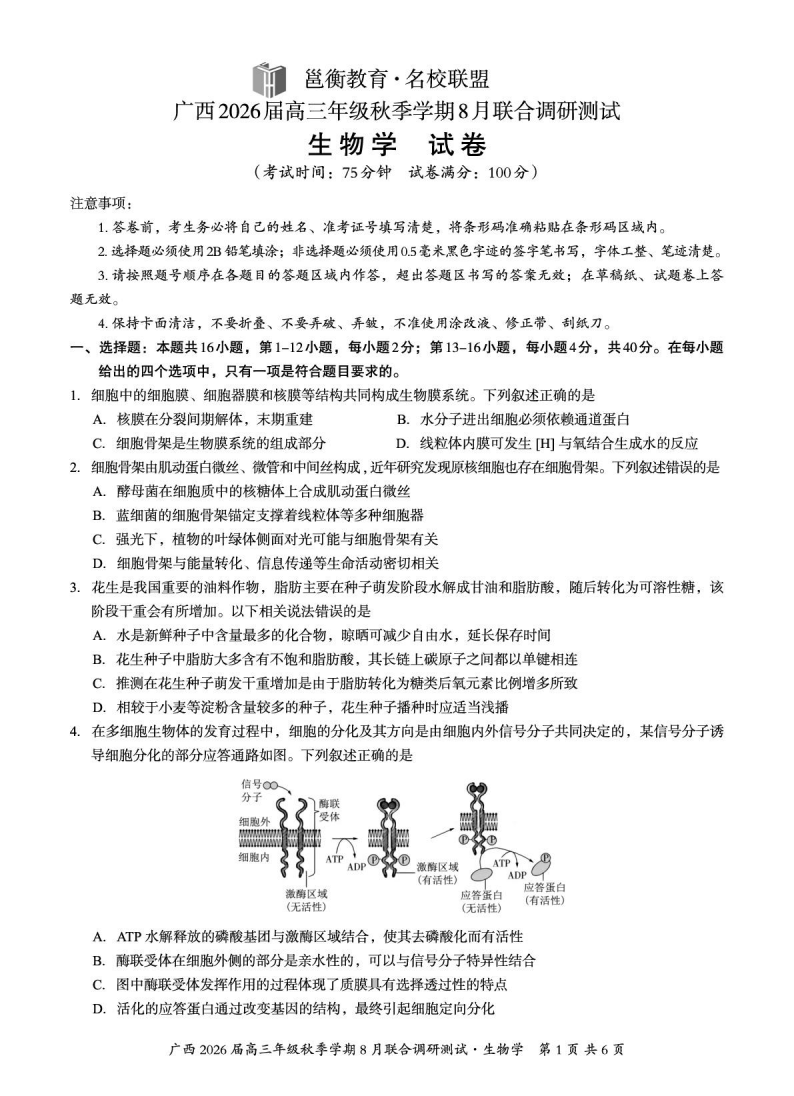 广西2026届新高考秋季学期8月适应性联合测试生物试卷