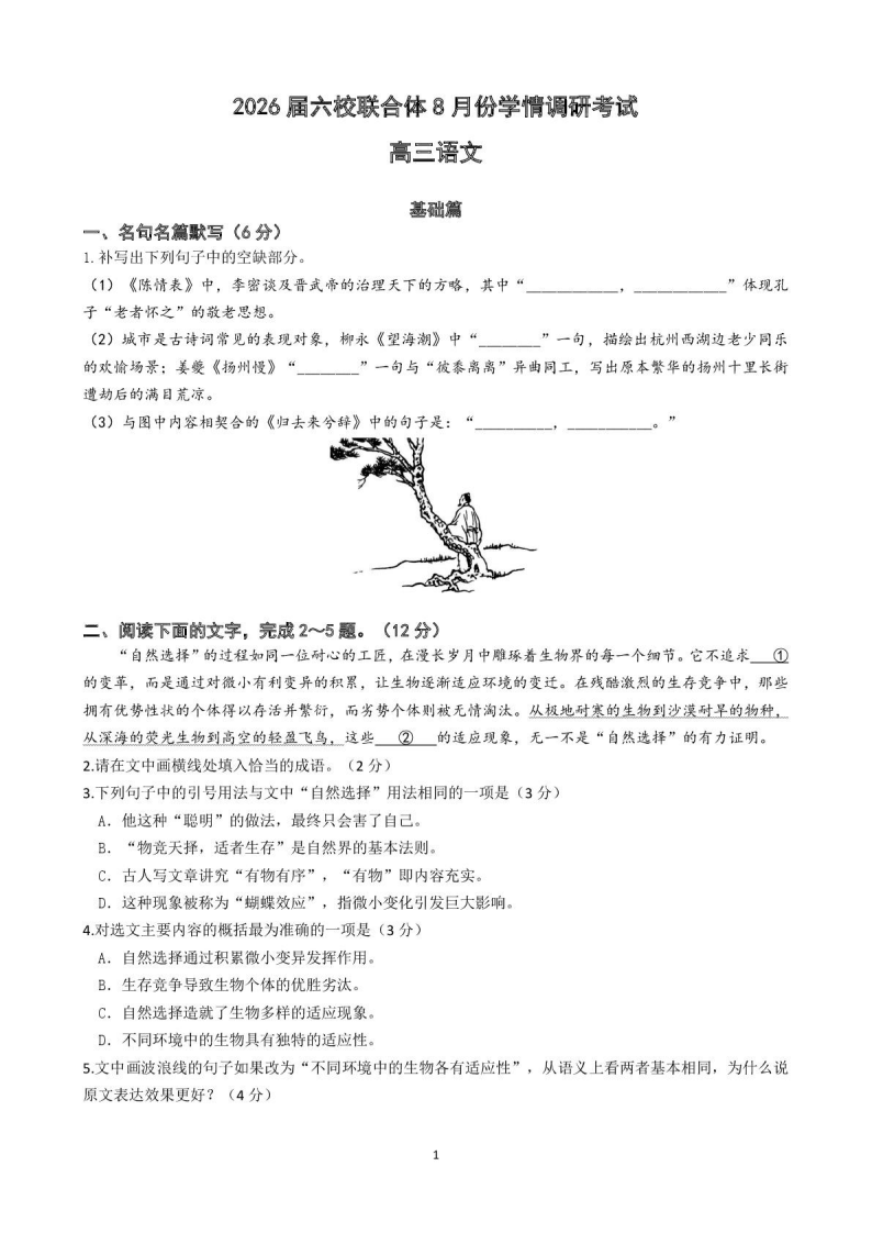 江苏省南京市六校联合体2025-2026学年高三上学期8月学情调研考试语文试题附答案（共14页）