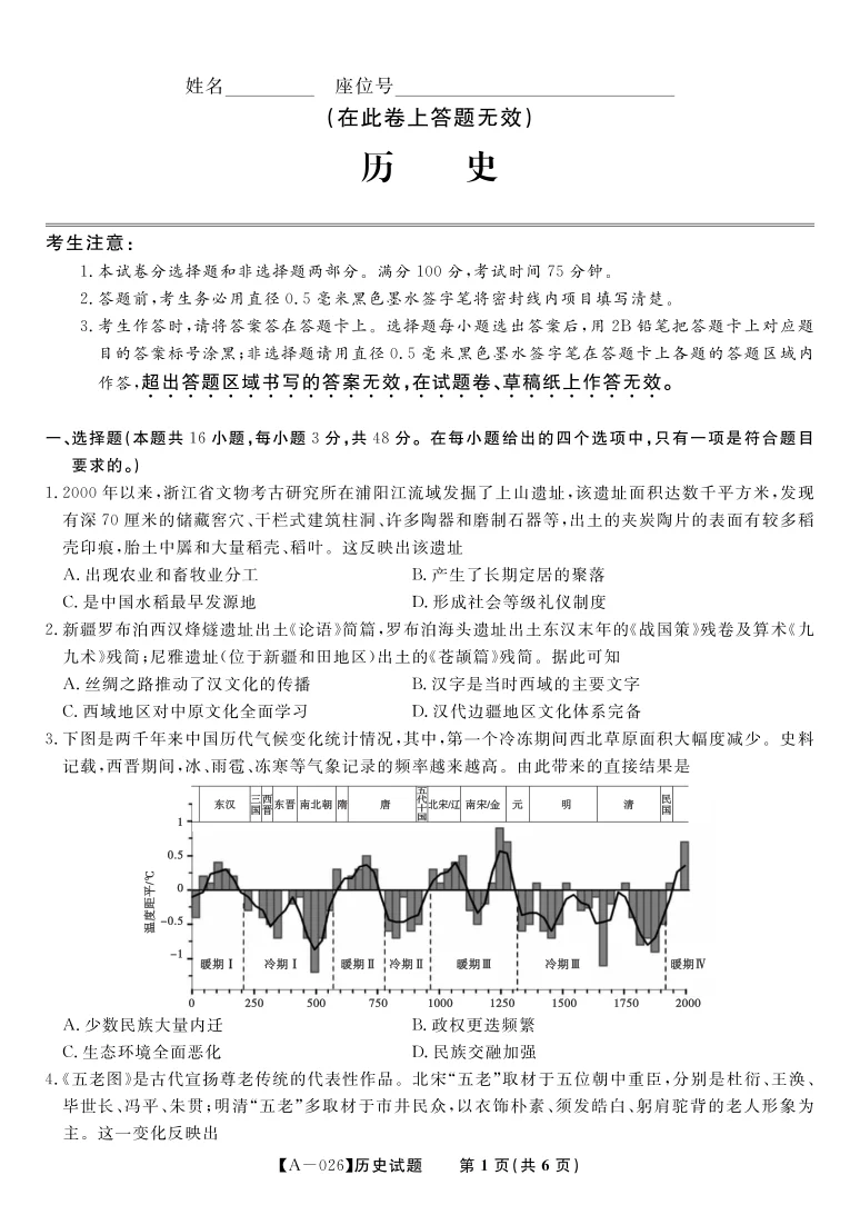 2026届安徽省皖江名校联盟高三9月开学摸底考试历史试卷（共6页）