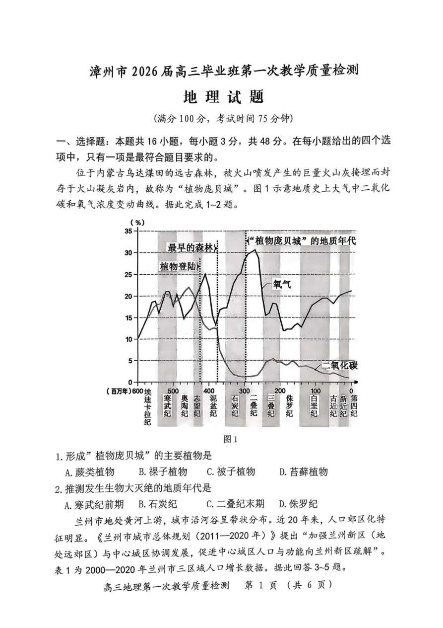 2026届福建省漳州市高三上学期第一次质检（开学）地理试题（共6页）