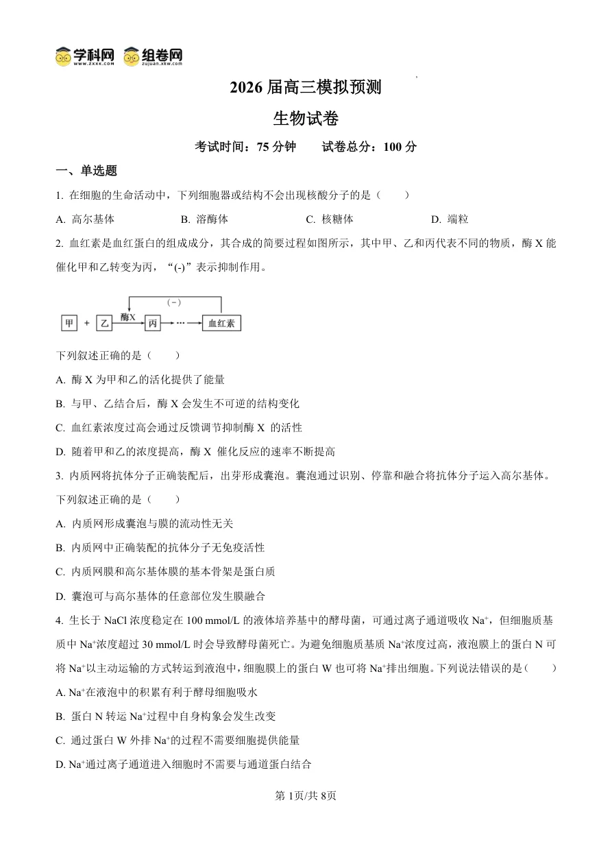 四川省仁寿一中南校区2026届高三10月模拟预测生物试题（共8页）