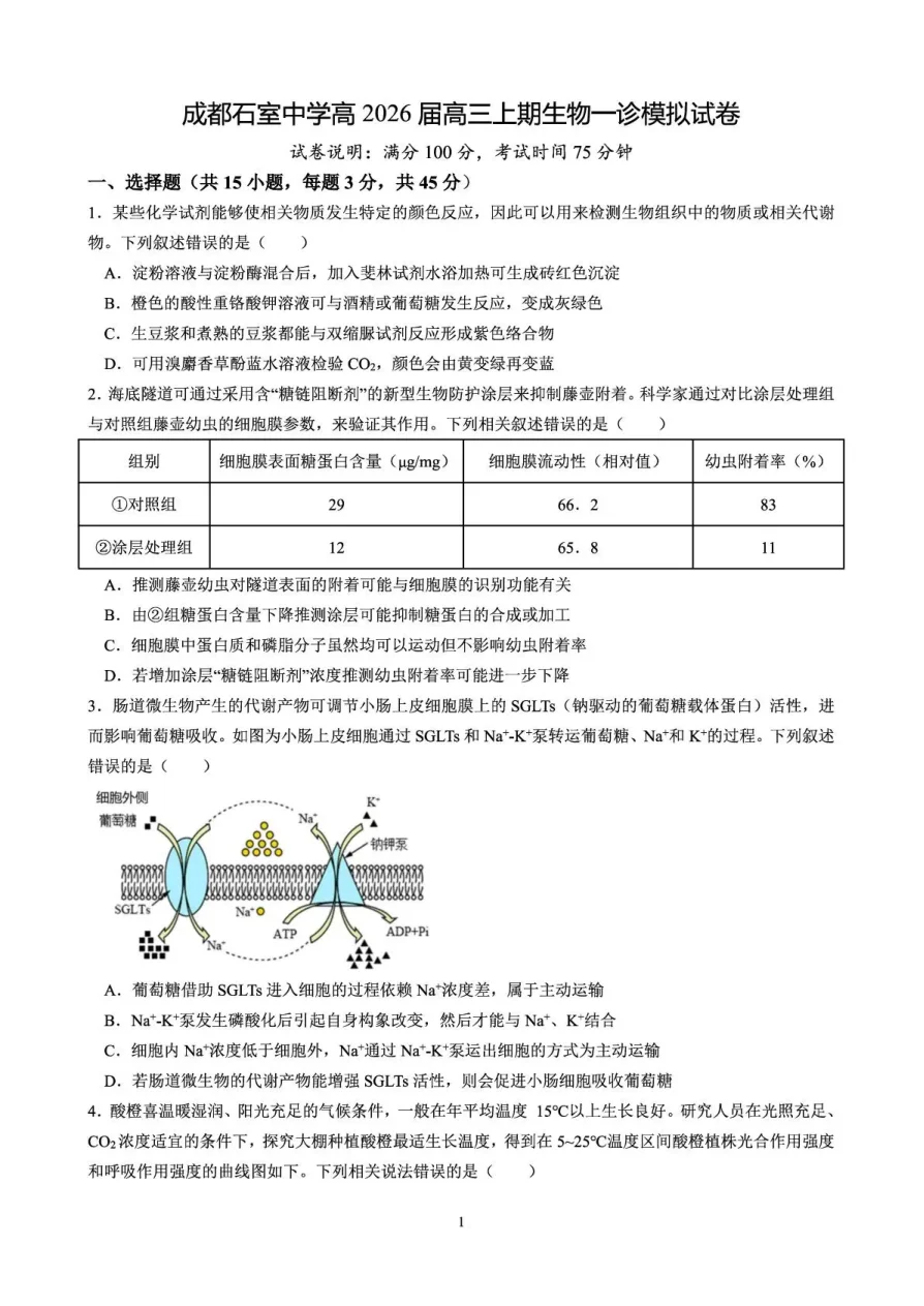 四川省成都石室中学2026届12月一诊模拟考试生物试卷（共8页）
