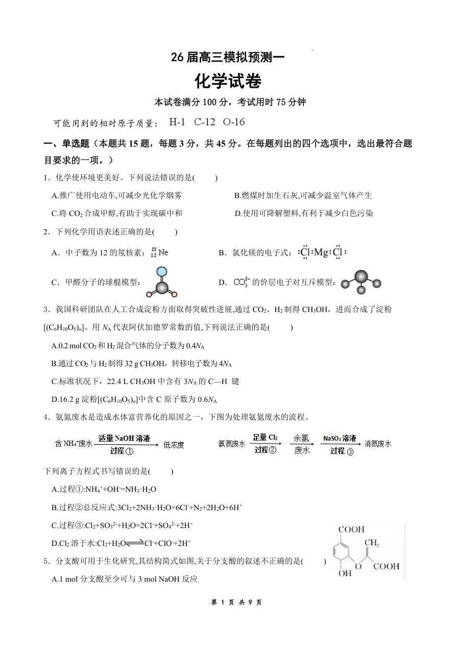 四川省眉山中学校2026届高三上学期模拟预测一化学试题（共9页）