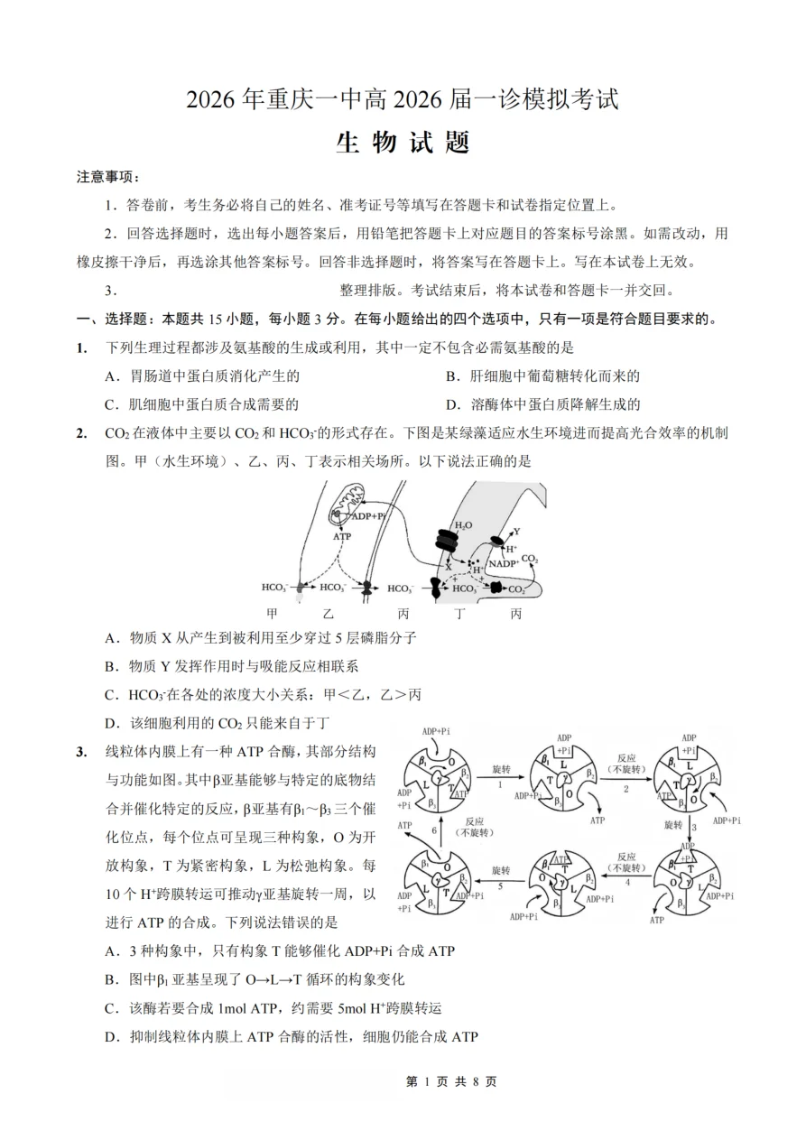 四川省重庆市一中高2026届一诊模拟考试生物试卷(共8页)