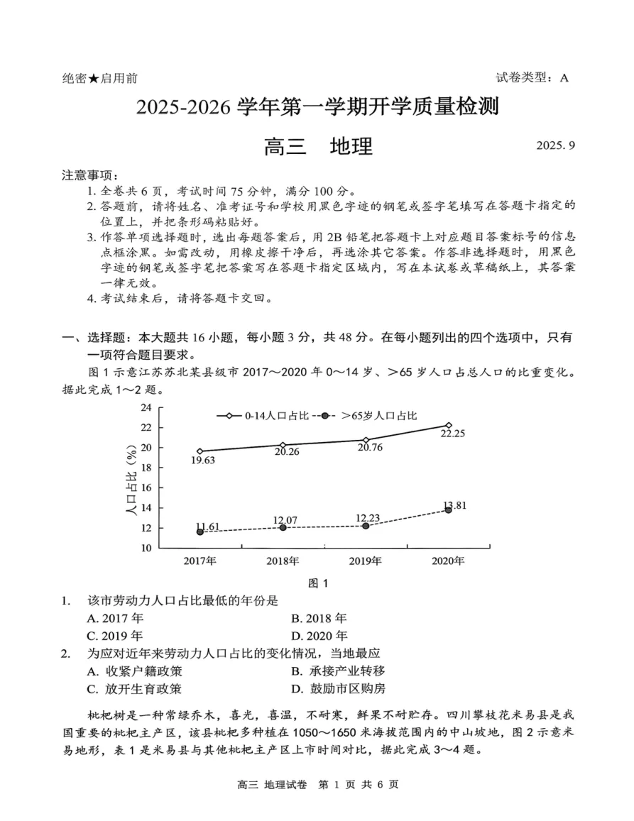 广东省深圳市罗湖区2025-2026学年高三第一学期开学质量检测地理试卷（共6页）
