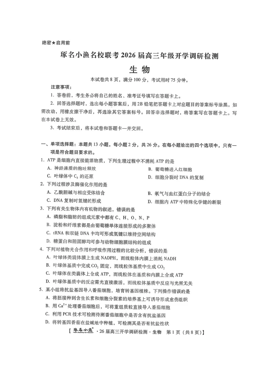 河北省琢名小渔名校联考2025-2026学年高三上学期开学调研检测生物试题（共12页）
