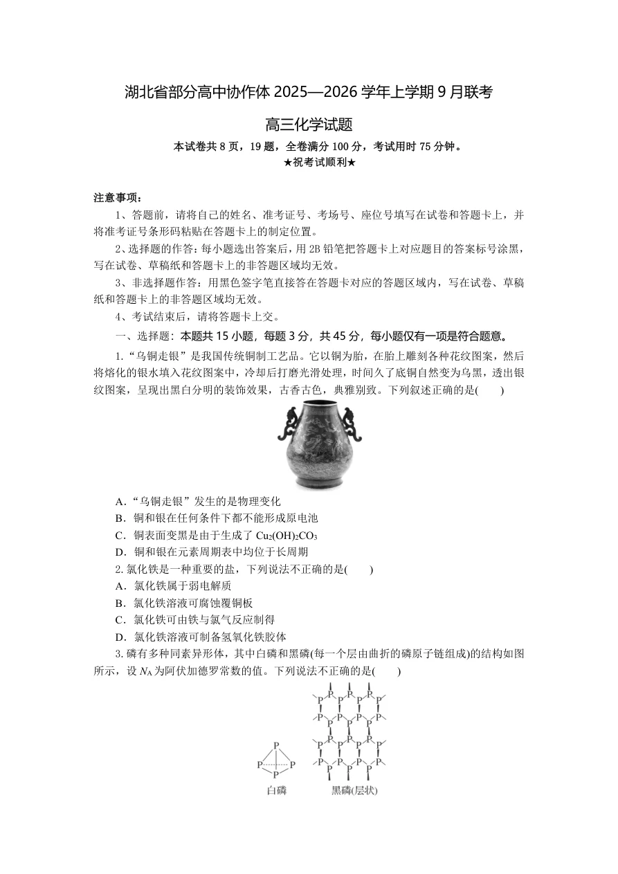 湖北省部分高中协作体联考2025-2026学年高三上学期9月联考化学试题(共8页)