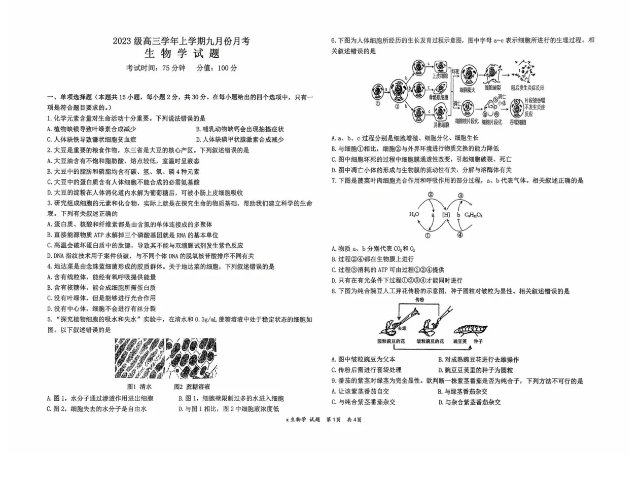 黑龙江省牡丹江市第一高级中学2026届高三上学期9月月考生物试卷(共4页)