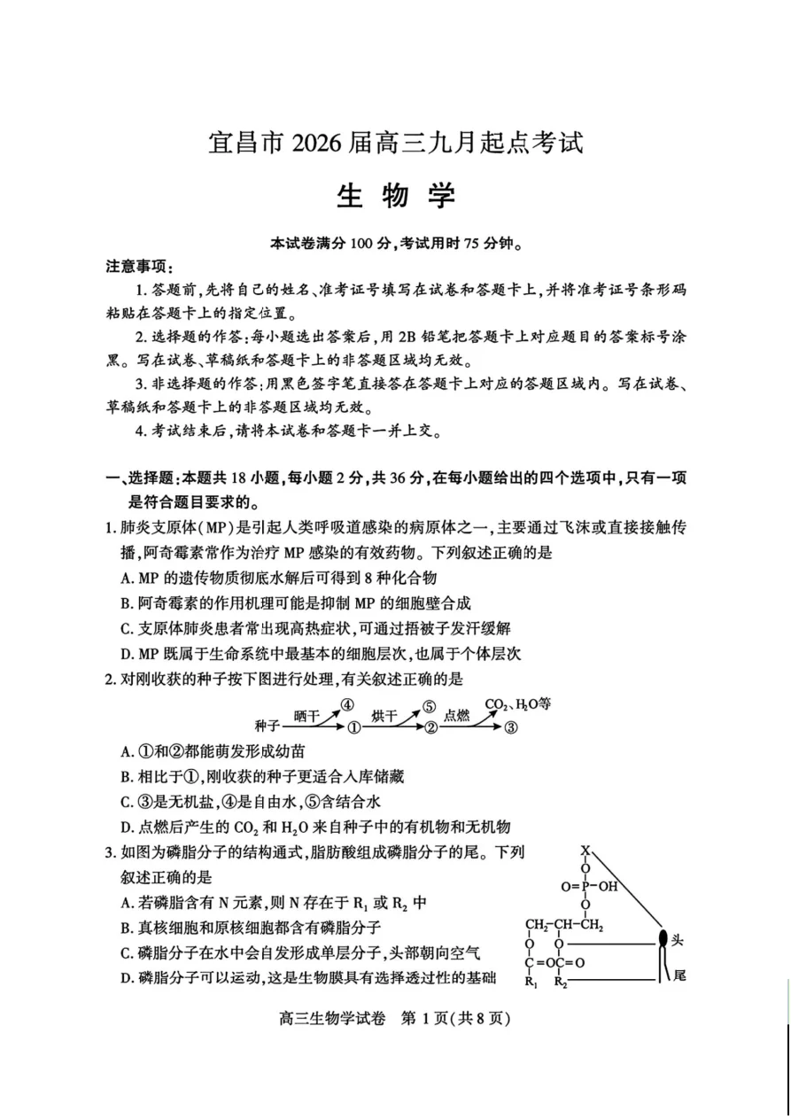 湖北省宜昌市2026届高三九月起点考试生物试卷（共8页）
