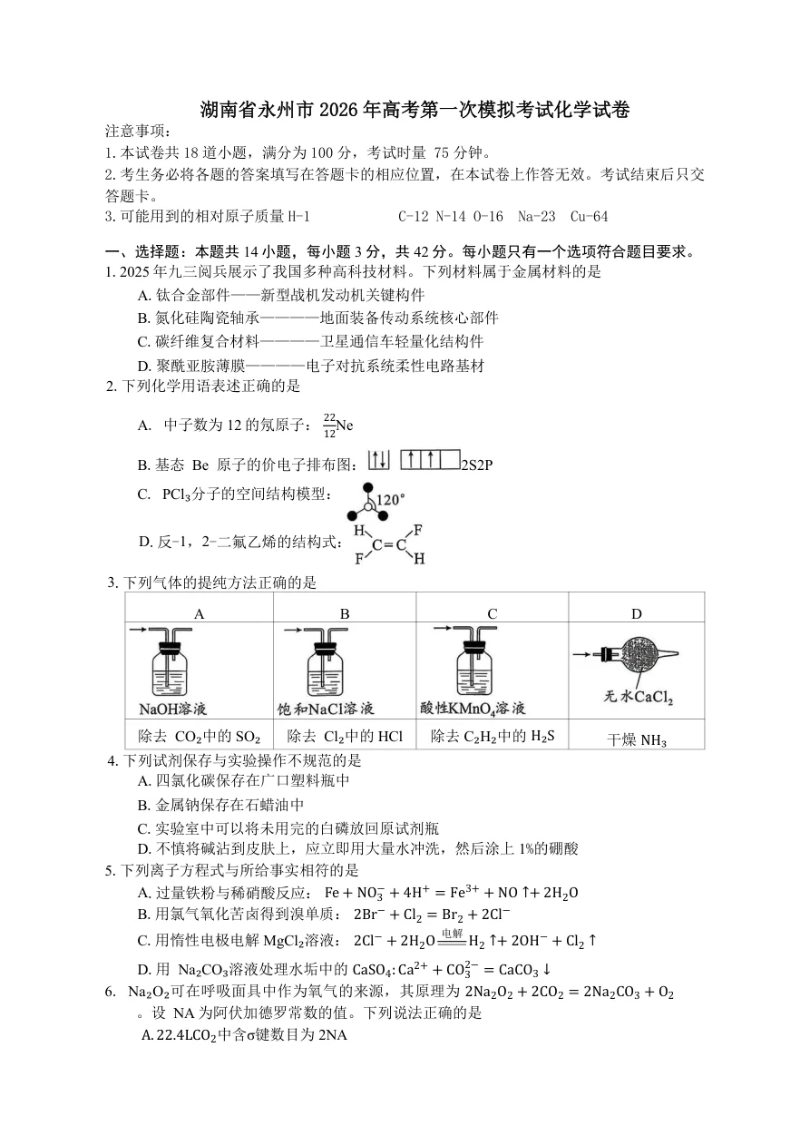 湖南省永州市2025-2026学年高考第一次模拟考试化学试卷（共10页）