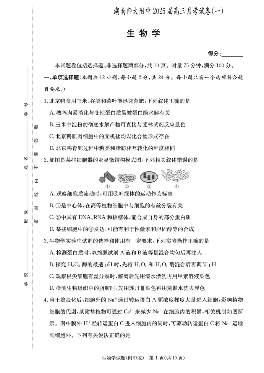 湖南省长沙市湖南师范大学附属中学2026届高三上学期月考（一）生物试卷（共14页）